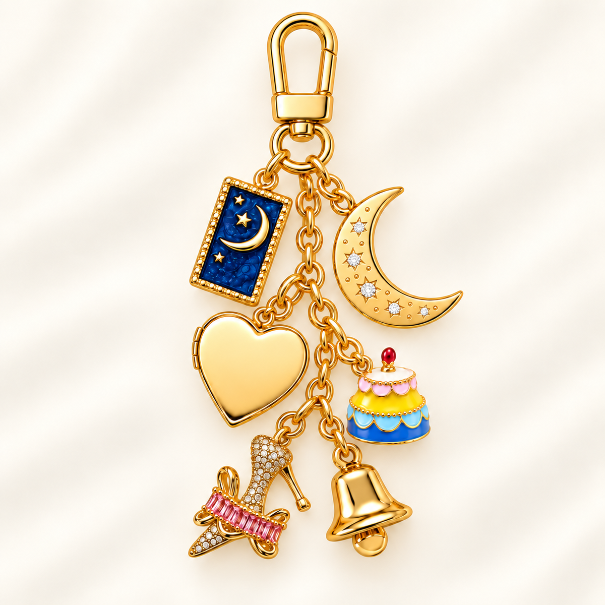 Gold bag charm with a heart locket, crescent moon and assorted charms