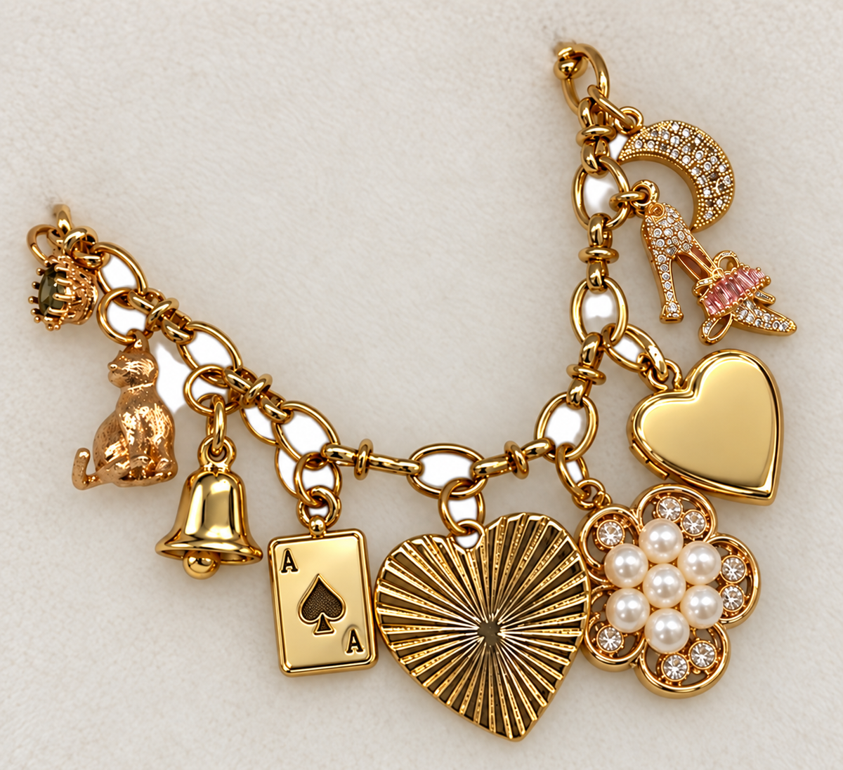 Charm bracelets — gold charm jewelry editorial image