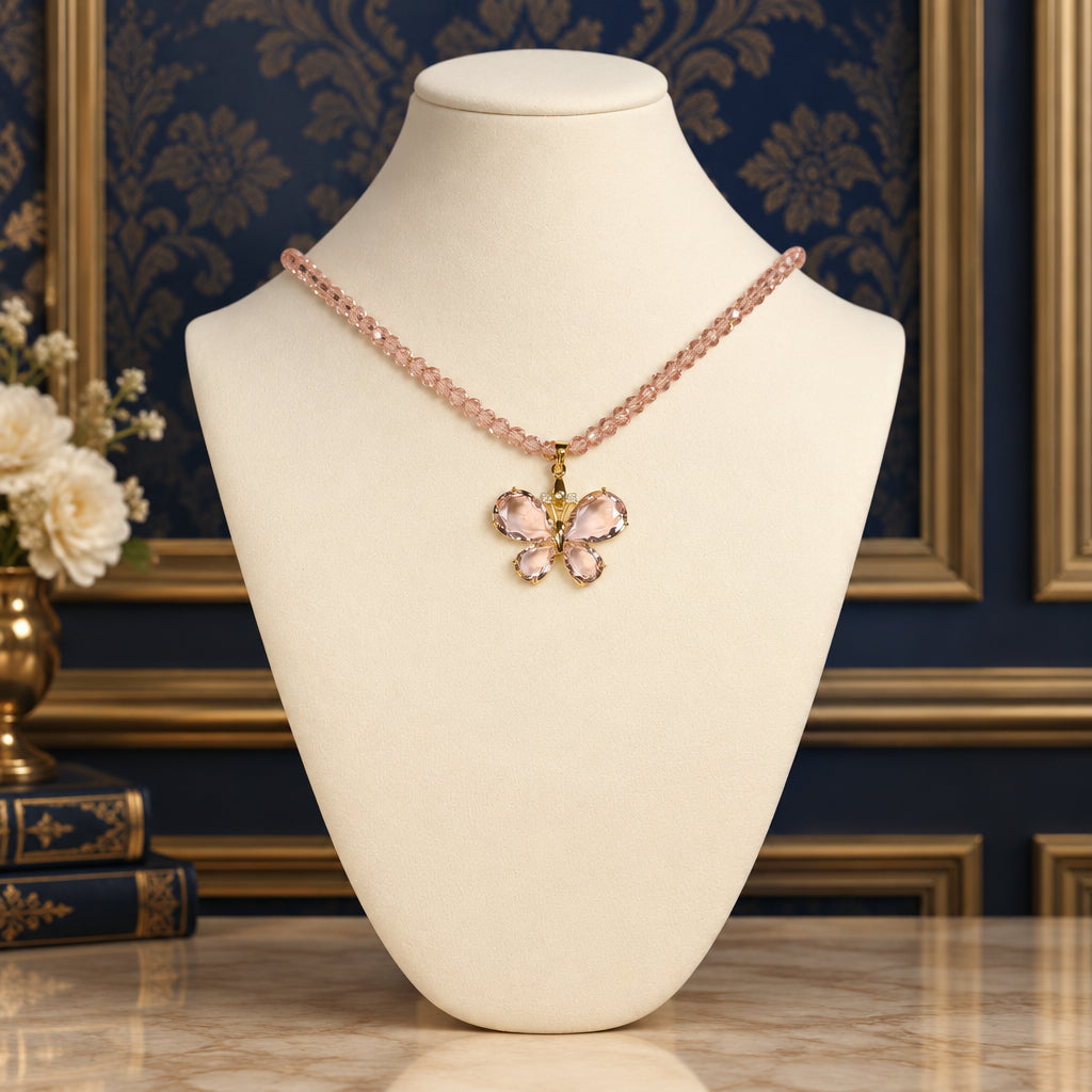 Pink butterfly necklace with gold-plated findings
