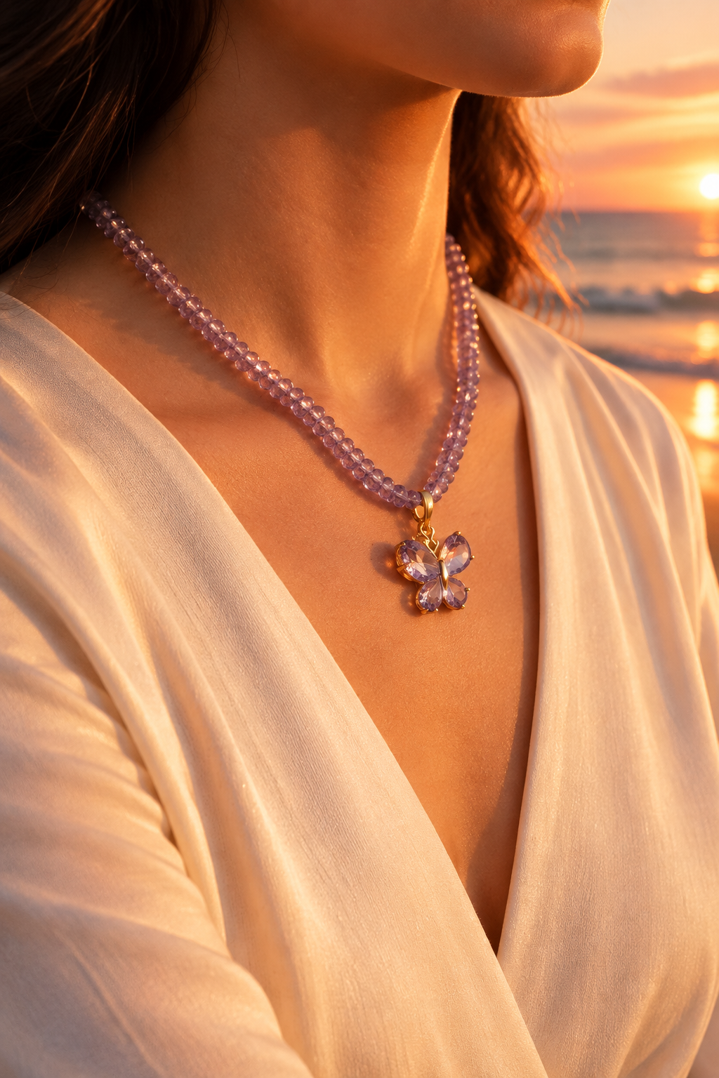 Handmade lavender crystal butterfly necklace
