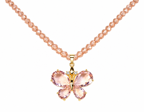 Pink faceted crystal butterfly pendant on a blush-pink beaded necklace